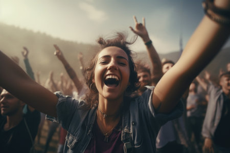 A woman joyfully raises her arms in the air amidst a vibrant music festival. This image captures the exhilaration and energy of the event. Perfect for showcasing the atmosphere and excitement of music festivals.の素材