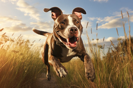 A lively dog is captured running through tall grass. This image can be used to depict freedom, energy, and the joy of outdoor activities.の素材
