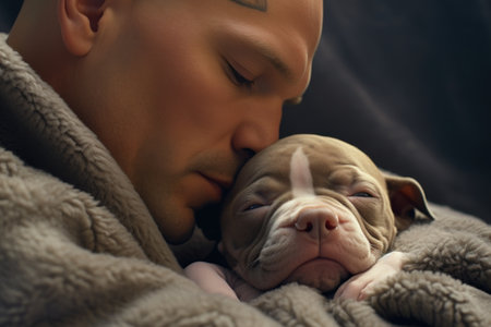 A heartwarming image of a man cuddling a small puppy wrapped in a cozy blanket. Perfect for showcasing the bond between humans and their furry companions. Ideal for pet-related websites, blogs, or promotional materials.の素材