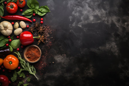 A variety of fresh vegetables arranged on a black table. Perfect for food and nutrition-related projects.の素材