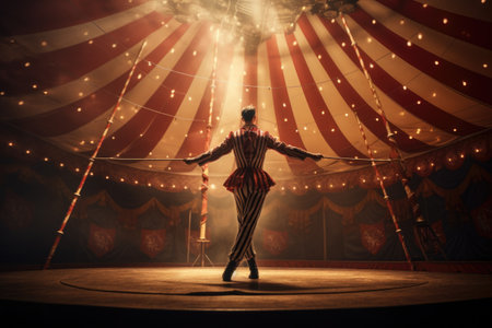 A man dressed in a circus outfit stands confidently on a tightrope. Perfect for capturing the excitement and skill of a circus performance. Ideal for use in advertisements, event promotions, and articles about circus arts.の素材