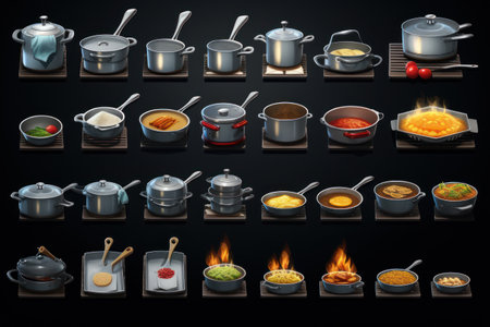 A collection of pots and pans neatly arranged on a shelf. Ideal for kitchenware advertisements and home improvement articles.の素材