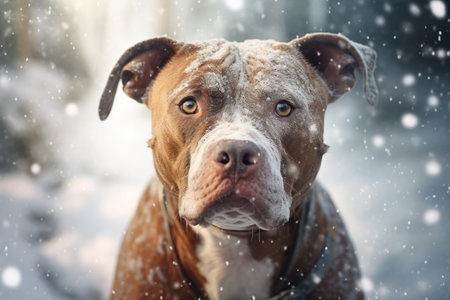A close-up photograph of a dog in the snow. Perfect for winter-themed designs or pet-related content.の素材