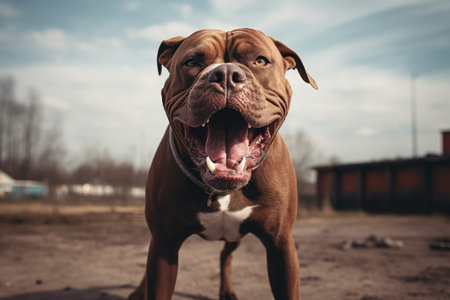 A brown and white dog stands proudly on top of a dirt field. This versatile image can be used to depict loyalty, companionship, or the great outdoors.の素材