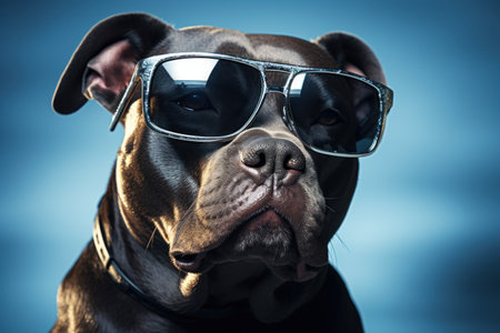 A close up photograph of a dog wearing sunglasses. This picture can be used for various purposes, including pet-related articles, summer-themed designs, and social media posts.の素材