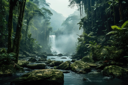 A beautiful stream flowing through a vibrant and lush green forest. Perfect for nature and outdoor enthusiasts.の素材