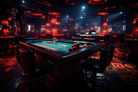 A casino table illuminated by a soft, dim light. Perfect for capturing the ambiance of a casino or gambling-themed event.の素材
