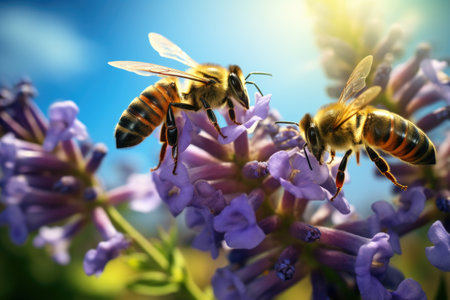 A picture of a couple of bees on beautiful flowers. Perfect for nature enthusiasts and gardeners.の素材