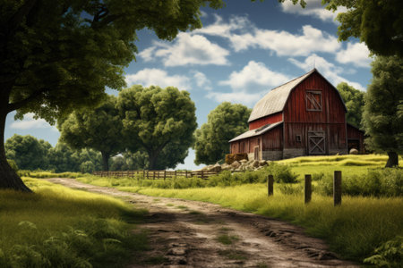 A realistic painting depicting a red barn on a farm. This picture can be used to add a rustic touch to various projects and designs.の素材