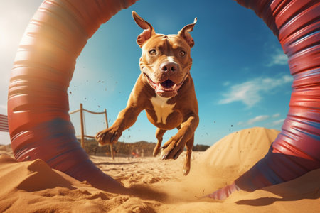 A lively dog jumps through a tube buried in the sand. This image captures the playful and energetic nature of dogs. Perfect for illustrating pet agility training or showing the joy of outdoor activities with pets.の素材