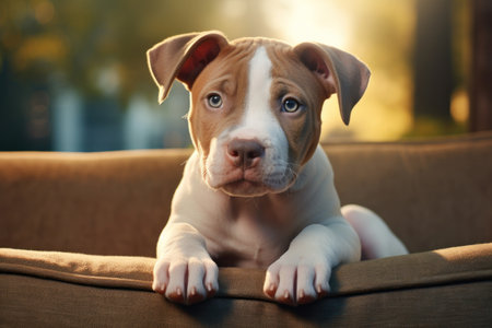 A brown and white dog is pictured laying on top of a couch. This image can be used to represent relaxation, comfort, or a pet-friendly home.の素材