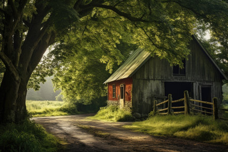 An image of an old barn located in the middle of a country road. This picture can be used to depict rural landscapes or to showcase the charm of countryside living.の素材