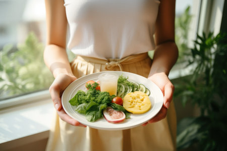 A woman holding a plate of food in front of a window. This image can be used to depict a healthy meal, a cooking or recipe concept, or a scene of enjoying a meal with a view.の素材