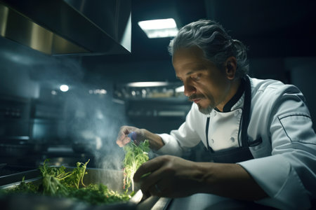 A man in a chef's uniform is seen preparing food in a kitchen. This image can be used to depict professional cooking, culinary skills, and food preparation in a restaurant or home kitchen.の素材