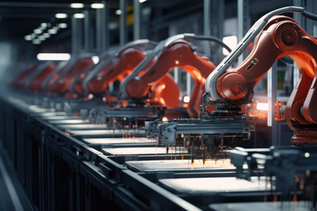A line of robots working diligently on a conveyor belt. This image can be used to illustrate automation, manufacturing, technology, or industrial processes.の素材