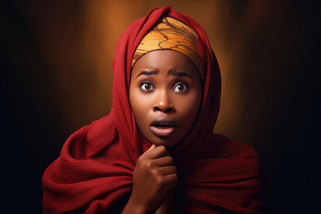 A woman wearing a red scarf and a red head scarf. This versatile image can be used to depict fashion, style, culture, or winter accessories.の素材