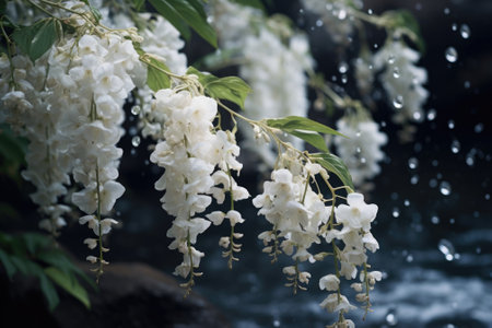 A bunch of white flowers hanging from a tree. This picture can be used to depict the beauty of nature or as a symbol of purity and tranquility.の素材