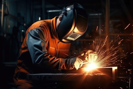A skilled welder is seen working on a piece of metal. This image can be used to showcase craftsmanship, industrial processes, or manufacturing.の素材