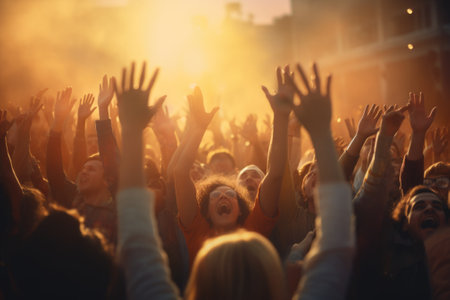 A picture capturing a large crowd of people with their hands in the air. This image can be used to depict excitement, celebration, unity, or a lively event.の素材