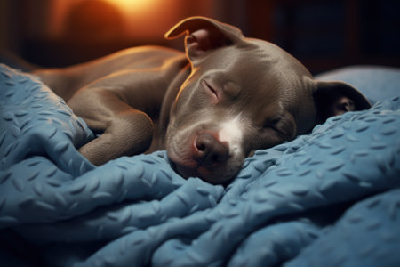 A picture of a dog peacefully sleeping on a cozy blue blanket. This image can be used to depict relaxation, comfort, and tranquility.の素材