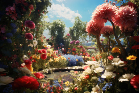 A vibrant garden filled with a variety of colorful flowers and lush trees. This picture can be used to depict the beauty of nature and the tranquility of a peaceful garden.の素材
