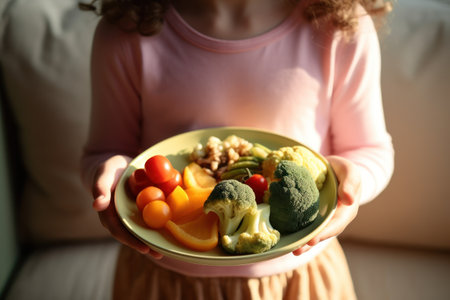 A young girl holds a plate filled with a variety of fresh and colorful fruits and vegetables. This image can be used to promote healthy eating habits and the importance of a balanced diet.の素材
