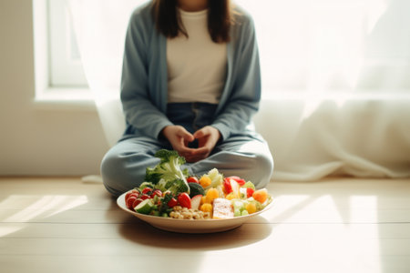 A woman sitting on the floor in front of a plate of food. This image can be used to depict a person enjoying a meal or to illustrate concepts related to food and nutrition.の素材