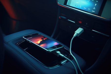 Photo pour A cell phone is plugged into a car charger. This image can be used to depict charging a phone while driving or the convenience of a car charger. - image libre de droit