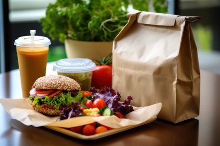 A table with a delicious sandwich, fresh salad, and refreshing drink. Perfect for a meal or snack. Can be used to illustrate a healthy lifestyle or dining options.の素材