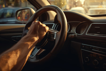 A picture of a person driving a car with a steering wheel. This image can be used to illustrate concepts such as driving, transportation, road trips, or automotive safety.の素材