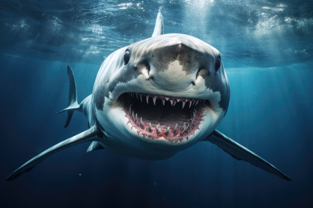 A powerful and intimate great white shark with its mouth wide open, swimming in the water. Perfect for illustrating the beauty and danger of marine life. Can be used in educational materials, documents, or articles about sharks and the ocean.の素材