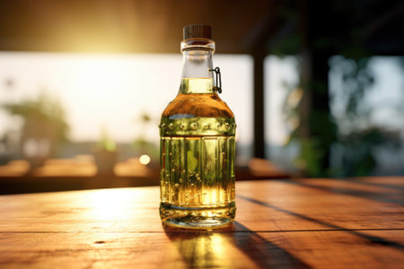 A bottle of beer placed on a wooden table. Suitable for beverage industry promotions and bar advertisements.の素材