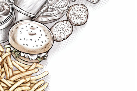 A simple and colorful drawing of a hamburger, French fries, and ketchup. Perfect for food-related designs and promotions.の素材