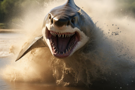 A shark with its mouth wide open, displaying its sharp teeth. Suitable for educational materials or articles about marine life.の素材