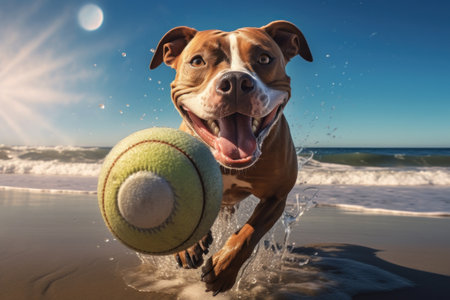 A lively dog enjoying a game of fetch on the sandy beach. Perfect for showing the joy of outdoor activities and the bond between pets and their owners.の素材