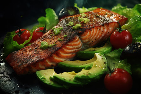 A close-up view of a plate of food featuring delicious salmon and fresh avocado. This appetizing dish can be used to showcase healthy eating, seafood recipes, or gourmet cuisine.の素材