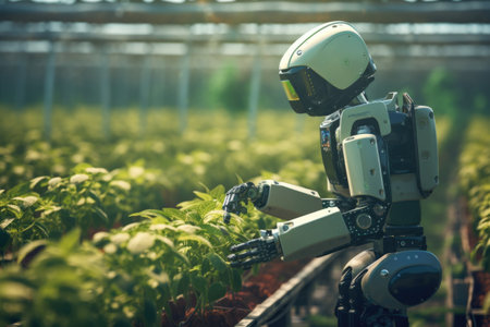 A robot standing amidst a field of lush green plants. This image can be used to depict technology in nature or the coexistence of artificial intelligence and the environment.の素材