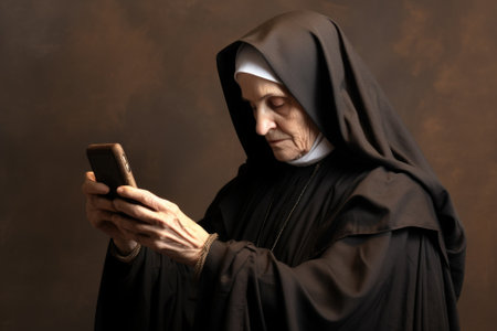 A nun holding a cell phone in her hands. Perfect for illustrating the intersection of technology and religion.の素材