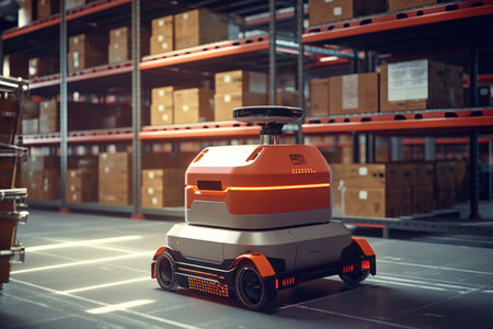 An orange and white robot is pictured in a warehouse. This image can be used to showcase advanced automation technology in industrial settings.の素材