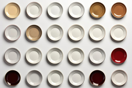 A collection of vibrant colored plates arranged on a clean white table. Perfect for adding a pop of color to any dining setting.の素材