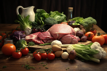A wooden table with a variety of fresh meat and colorful vegetables. Perfect for food-related projects or cooking blogs.の素材
