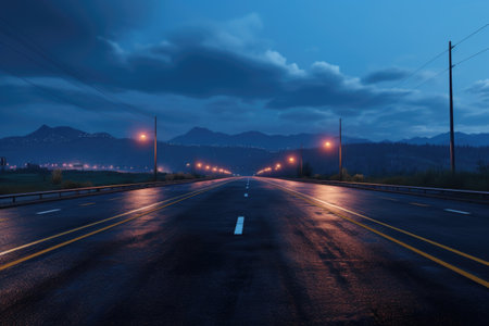 A picture of a long empty road illuminated by lights at night. This image can be used to depict a nighttime journey or symbolize a sense of mystery and adventure. It is suitable for various projects and designs.の素材