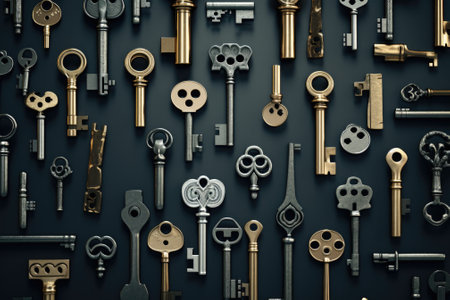 A bunch of old keys on a black surface. Perfect for images related to vintage, antique, or mysterious themes. .の素材