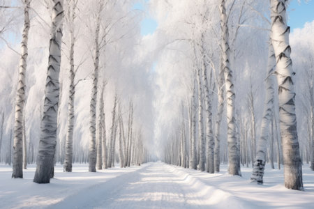 A picturesque snow-covered path surrounded by trees, with a red fire hydrant standing in the foreground. This image is perfect for winter-themed designs and outdoor scenes.の素材