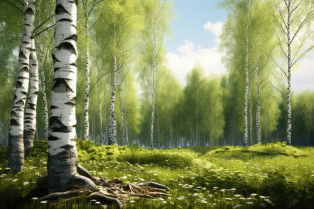 A painting depicting a serene forest with tall trees and lush green grass. This image can be used to add a touch of nature and tranquility to various projects.の素材
