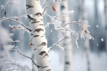 A close up view of a tree covered in snow. This image can be used to depict winter landscapes, nature scenes, or seasonal themes.の素材