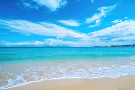 A picturesque view of the ocean from a sandy beach. This image can be used to showcase the beauty of nature and the calming effect of the ocean.の素材