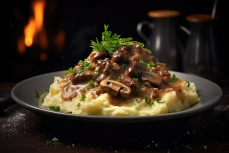 A plate of mashed potatoes topped with savory mushrooms. This versatile dish is perfect for both casual and formal occasions.の素材