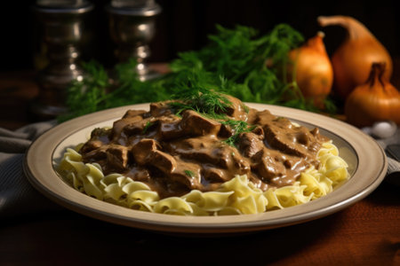 A plate of pasta with tender beef and savory gravy. Perfect for a hearty and satisfying meal.の素材
