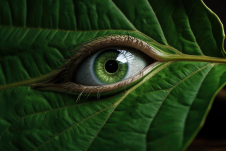 A close-up view of a person's eye resting on a vibrant green leaf. This unique image captures the intricate details of the eye and the natural beauty of the leaf. Ideal for use in nature-themed projects or to convey concepts related to vision, beauty, and connection with nature.の素材